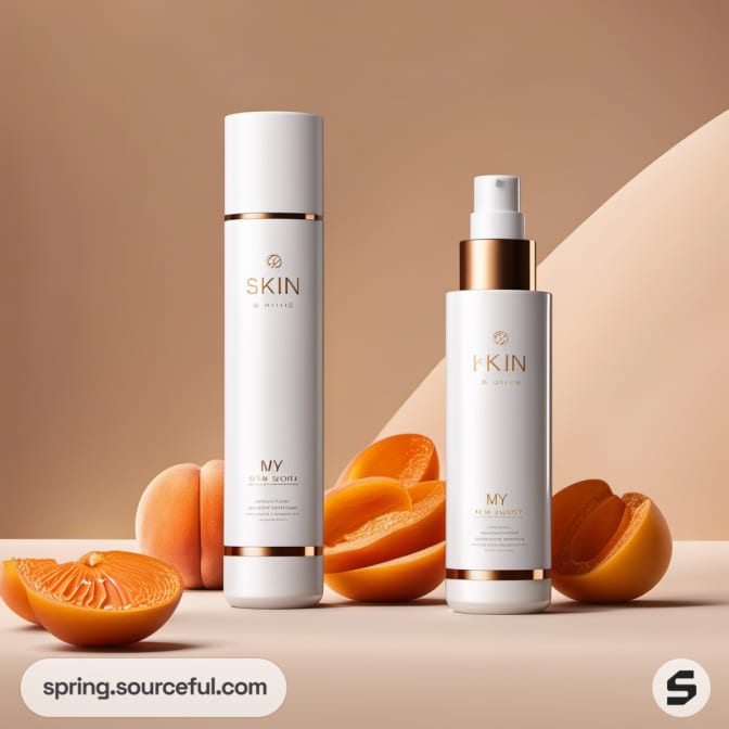 Two luxury skincare bottles in white and gold, with halved apricots on beige background.