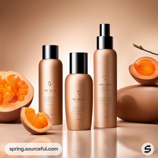 Three bronze cylindrical skincare bottles with apricots on a glossy surface.