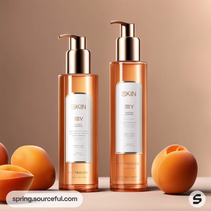 Two transparent skincare bottles with gold labels, surrounded by fresh apricots.