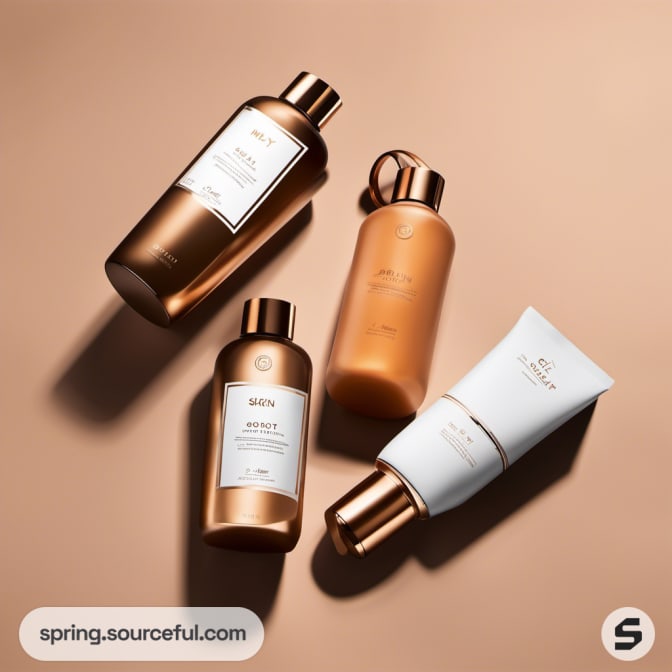 Four bronze and white skincare bottles artistically arranged on a bronze background.