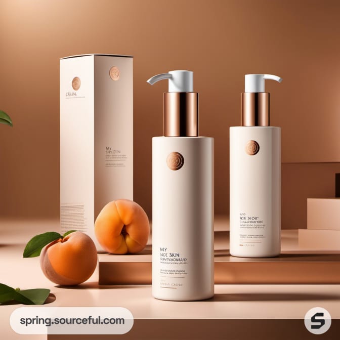 Two white skincare pump bottles with gold accents, surrounded by peaches.