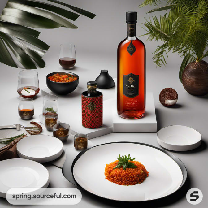 Elegant meal setup with tall bottles and white plates on a table adorned with tropical leaves.