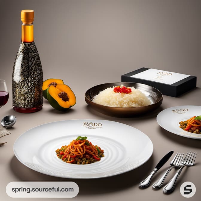 Plated pasta with wine bottle and dishes on a table setting, featuring a boxed package.