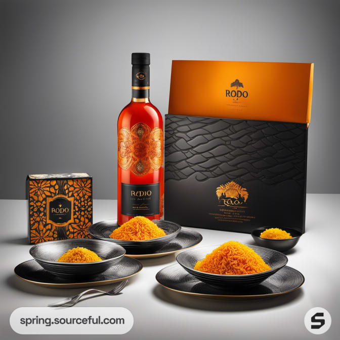 Luxurious setup with orange bottles, black plates, and textured packaging.