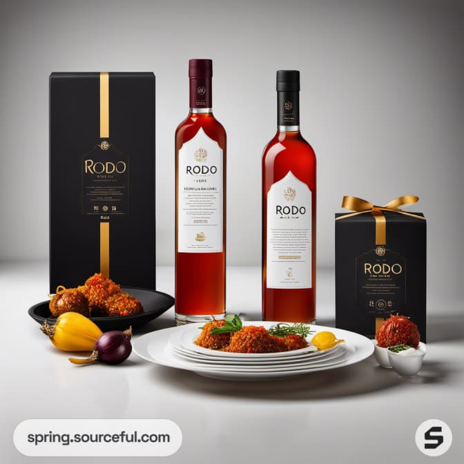 Two bottles with elegant black boxes, accompanied by delicious plated food.