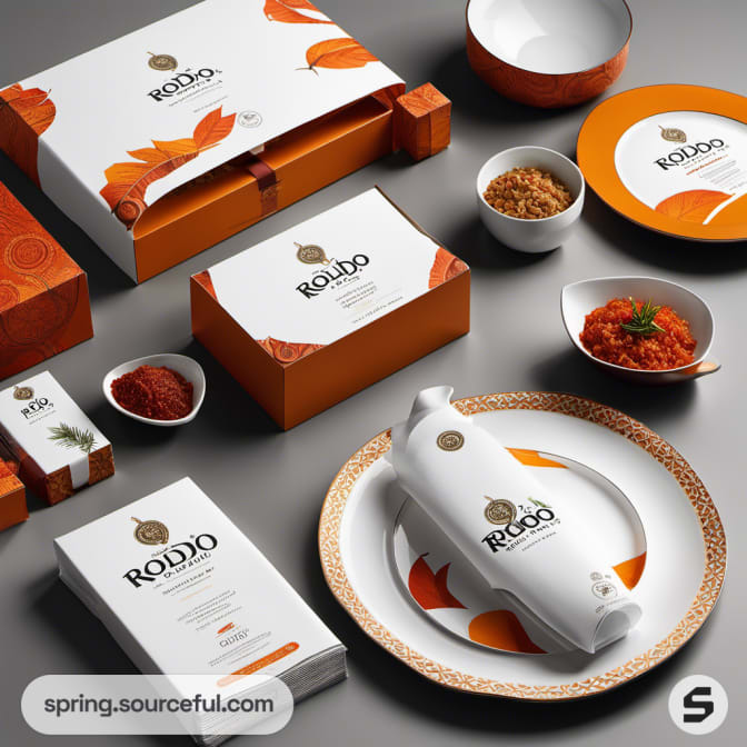 Orange-themed packaging and dishes arranged neatly on a gray table.