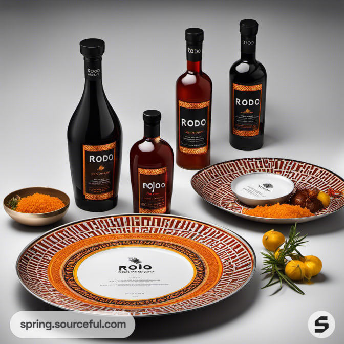 Bottles with intricate plate designs, showcasing a culinary presentation.