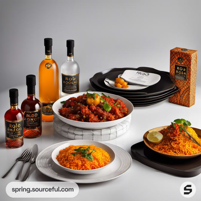 Variety of bottles with plates of vibrant food, elegantly displayed.