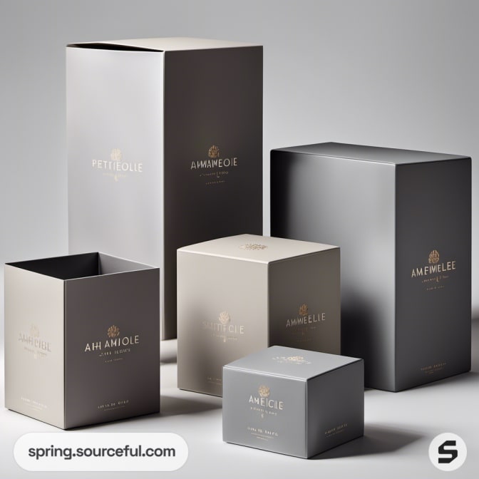 Set of stylish cubic boxes in beige and gray tones on a neutral background.