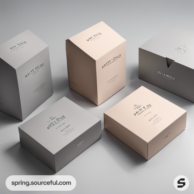 Five elegant boxes in pastel shades with subtle branding on a light surface.