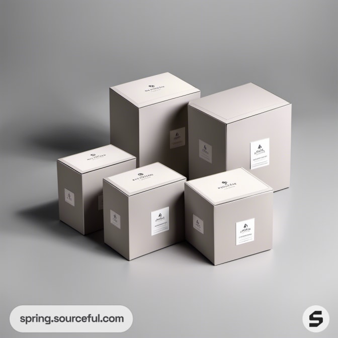 Group of five minimalist gray boxes with subtle logos on a soft background.