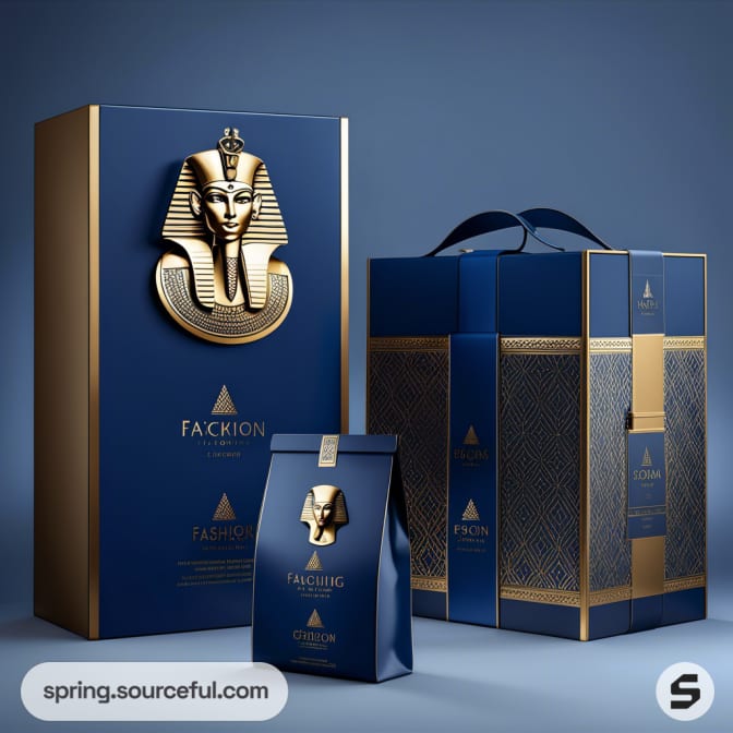 Elegant navy and gold themed packaging with Egyptian motifs, including a Pharaoh's mask on a luxurious box and bag.