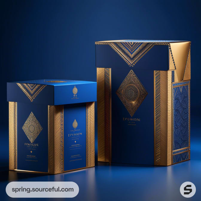 Luxurious blue and gold perfume boxes with intricate patterns on a blue background.