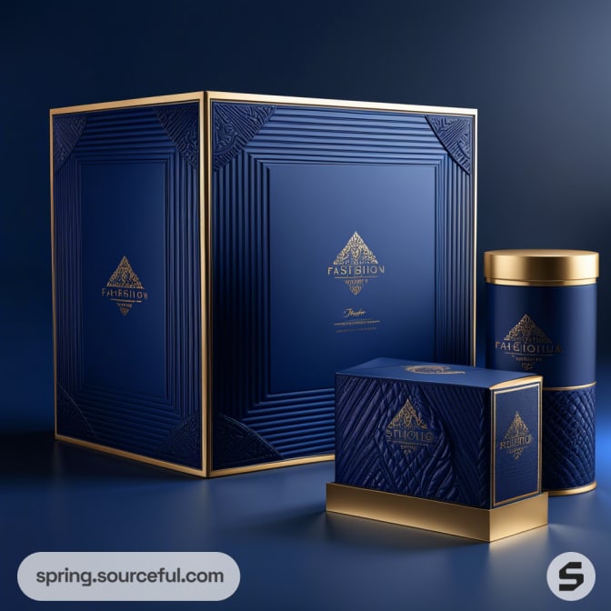 Luxurious blue and gold packaging with geometric designs featuring a large square box, a cylinder, and a small box.