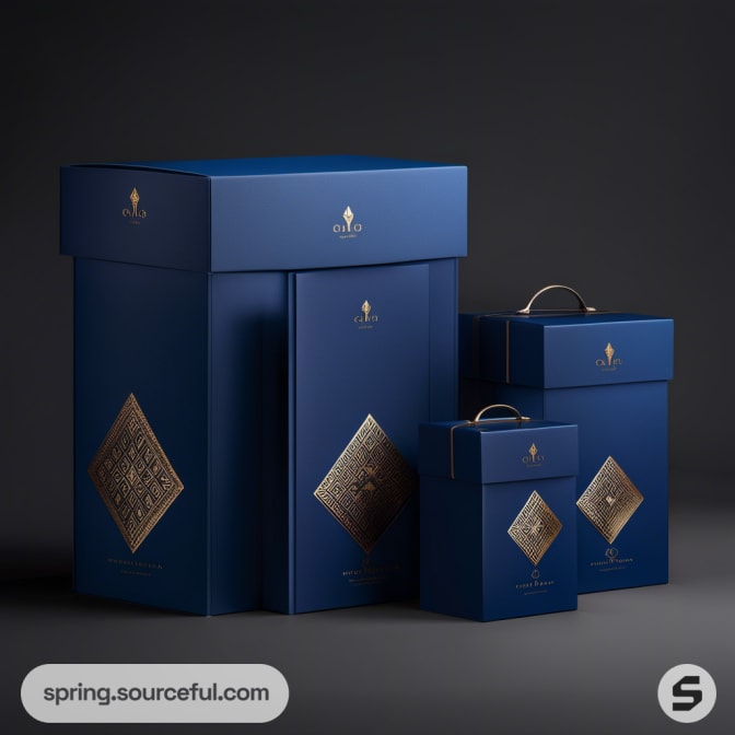 Luxurious blue gift boxes with metallic diamond patterns, in various sizes, against a dark background.
