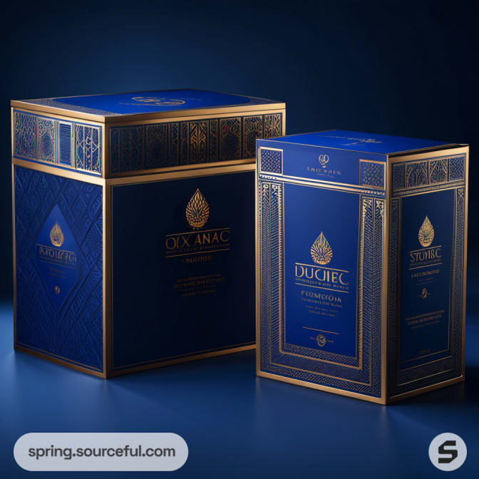 Luxurious blue and gold perfume boxes with intricate designs on a dark background.