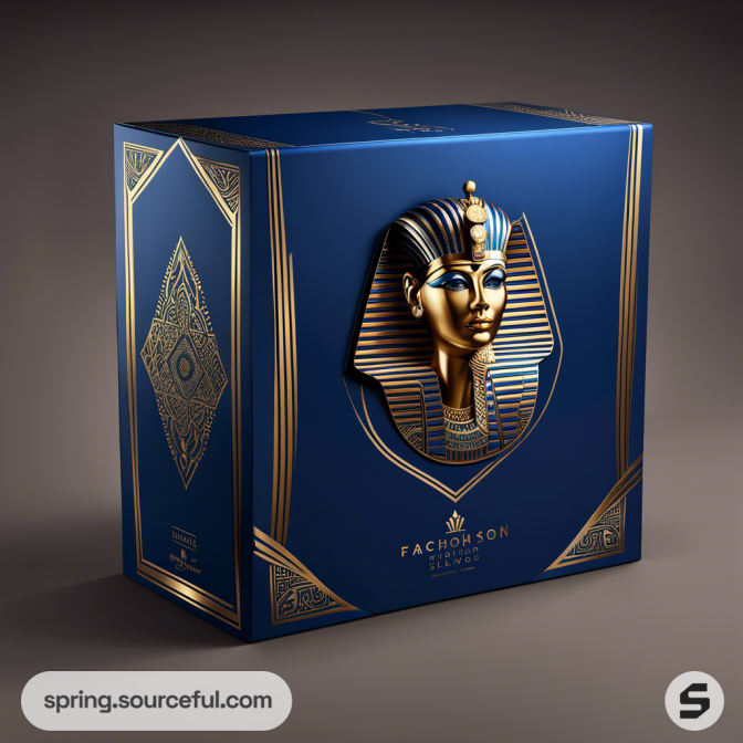 Luxurious blue and gold gift box featuring Egyptian pharaoh design with intricate patterns.