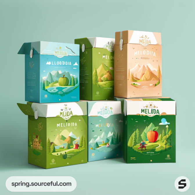 Stacked boxes with nature-themed designs on green background.
