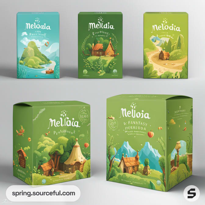 Various nature-themed boxes on grey and green background.