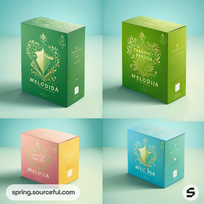 Four green and pastel boxes with floral and crest designs.