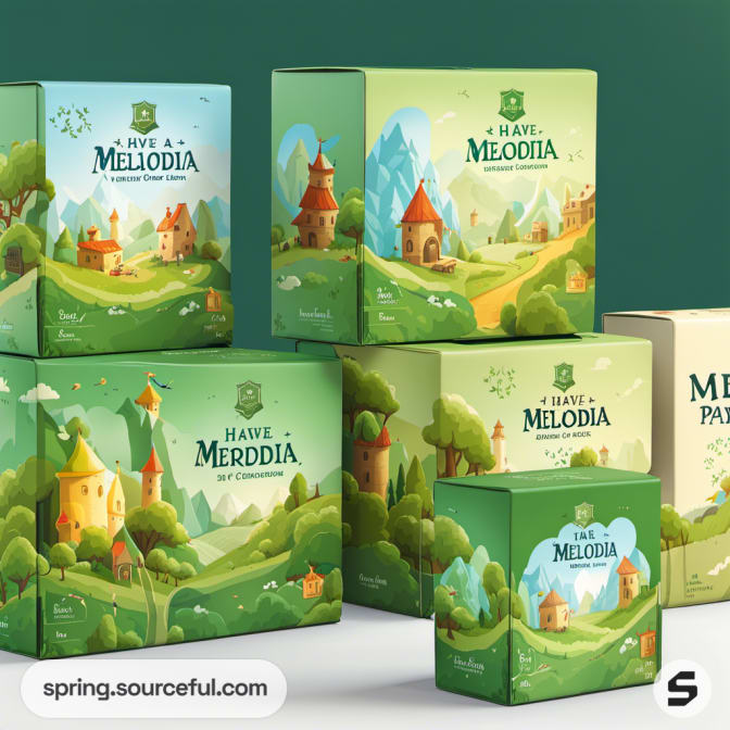 Assorted green boxes featuring whimsical castle illustrations.