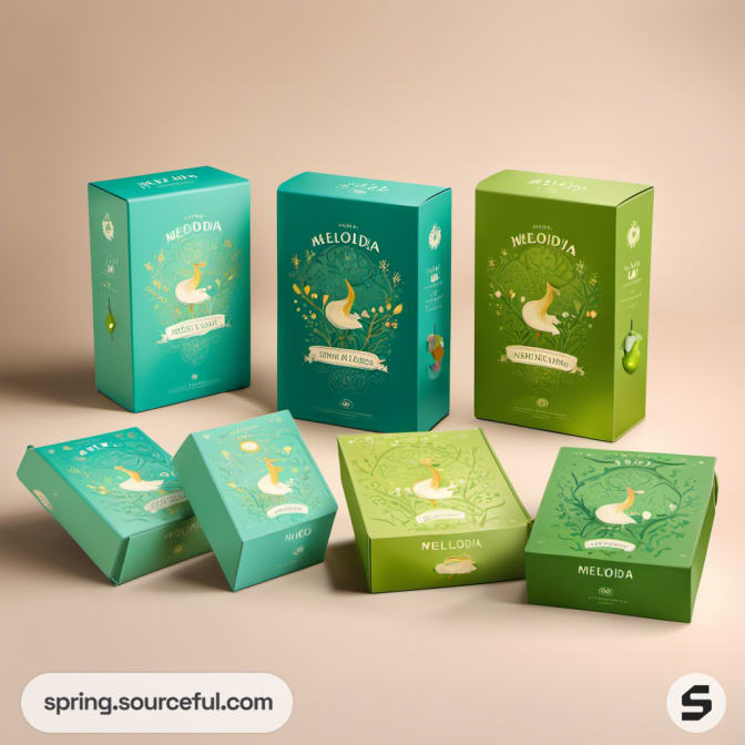 Assorted green boxes with bird and plant designs.