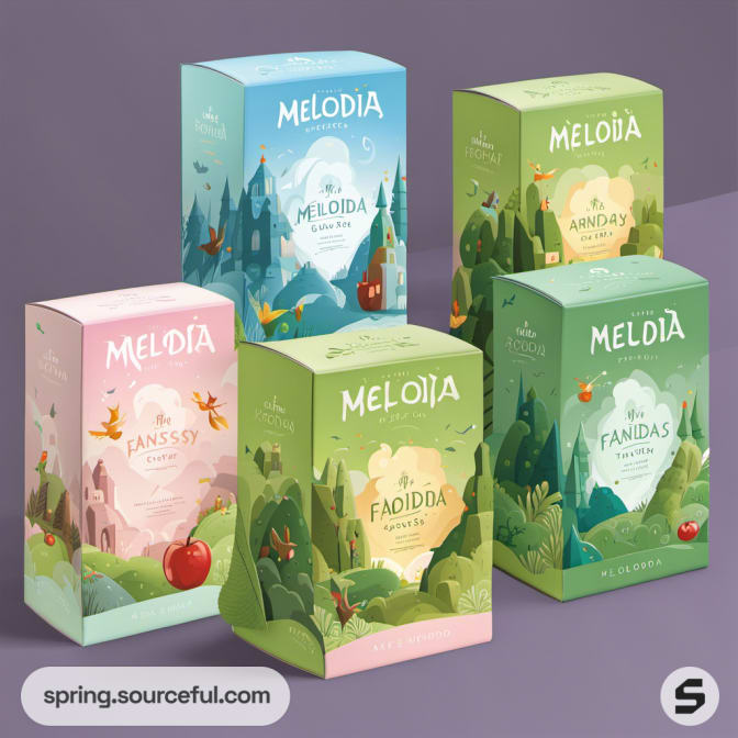 Five boxes with colorful forest and castle illustrations.