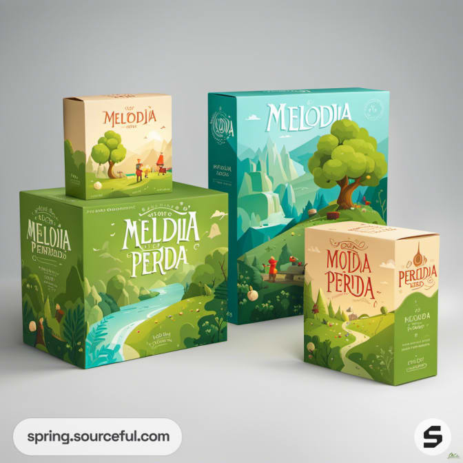 Four illustrated boxes with nature and river themes.