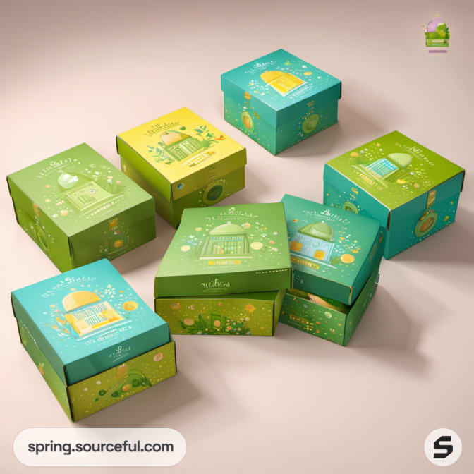 Colorful boxes with garden and house designs.