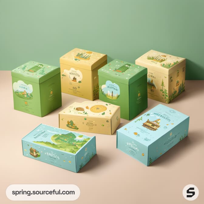 Several boxes with pastoral scenes on green backdrop.