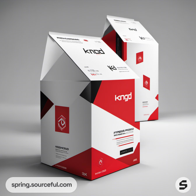 Red and white geometric packaging boxes with angular tops.