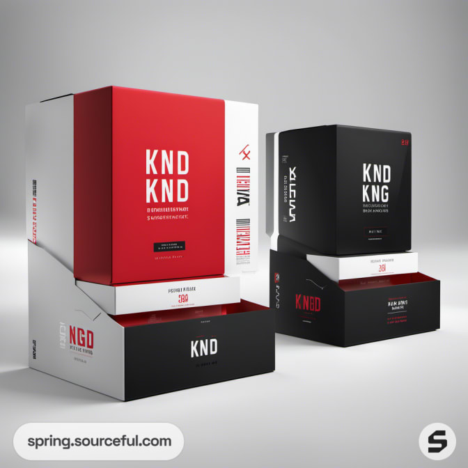 Large boxes in red and black with angular design elements.