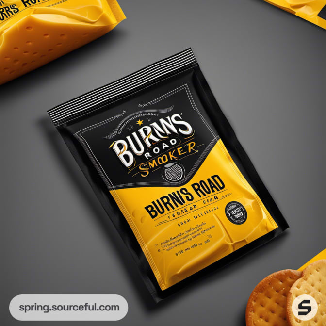 Yellow and black cheese pouch with smoked text and cracker.