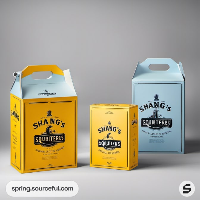 Yellow and blue mailer boxes with 'Squirters' logo and lemon design.