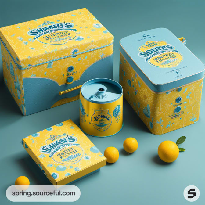 Blue and yellow tins with lemon graphics and 'Squirters' branding.