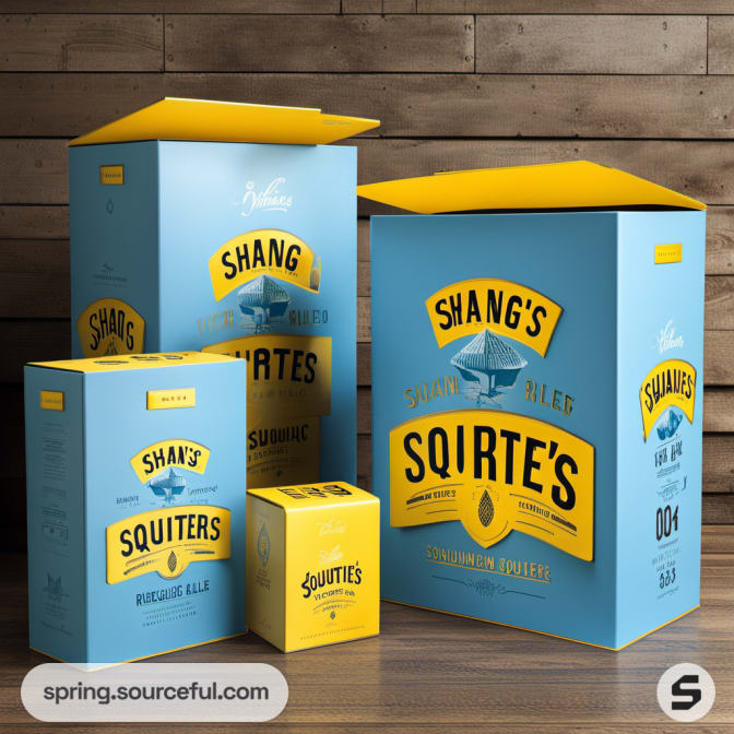 Blue and yellow boxes labeled 'Squirters Premium Blend.'