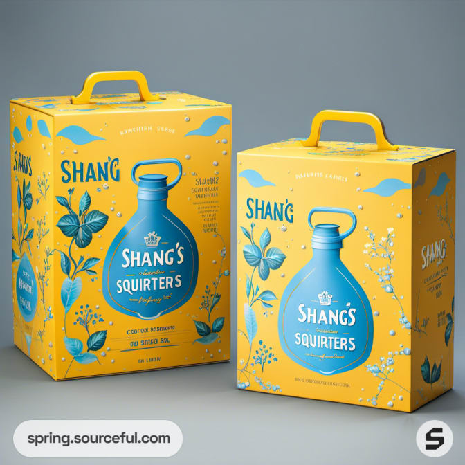 Yellow and blue boxes with jug logo and floral elements.