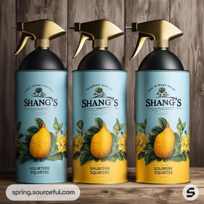 Spray bottles with lemons and floral design in blue and yellow.