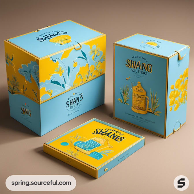 Yellow and blue boxes with floral art and jug imagery.