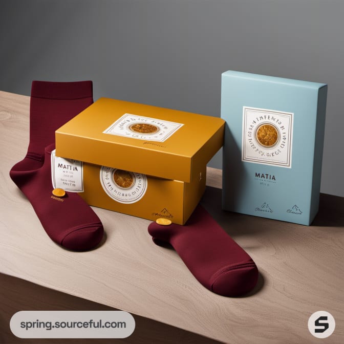 Maroon socks with gold button, in gold and blue boxes on a wooden surface.