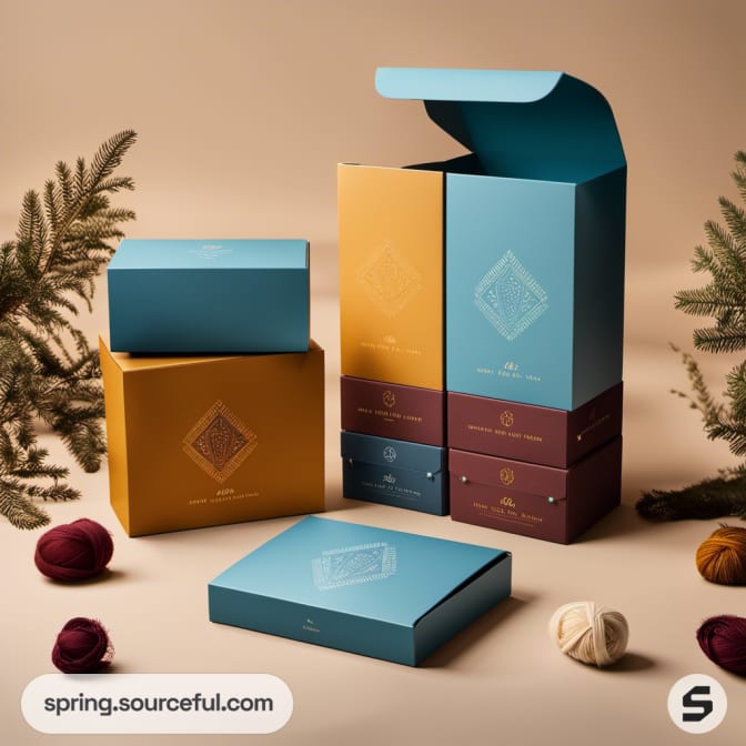 Gift boxes in blue and gold, surrounded by yarn and pine branches.