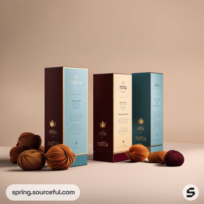 Tall maroon and blue boxes with yarn balls, on a neutral background.