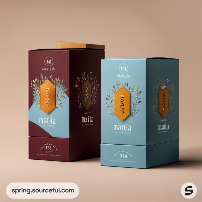 Maroon and blue boxes with decorative elements on a tan background.