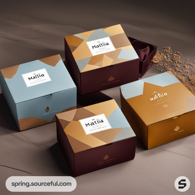 Four boxes in blue, maroon, and gold with geometric patterns.