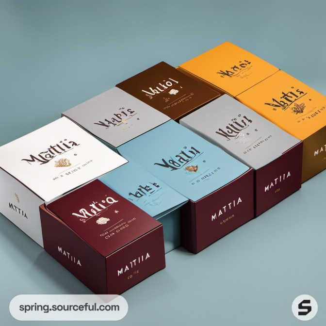 Stack of maroon, blue, gold boxes in a grid formation.