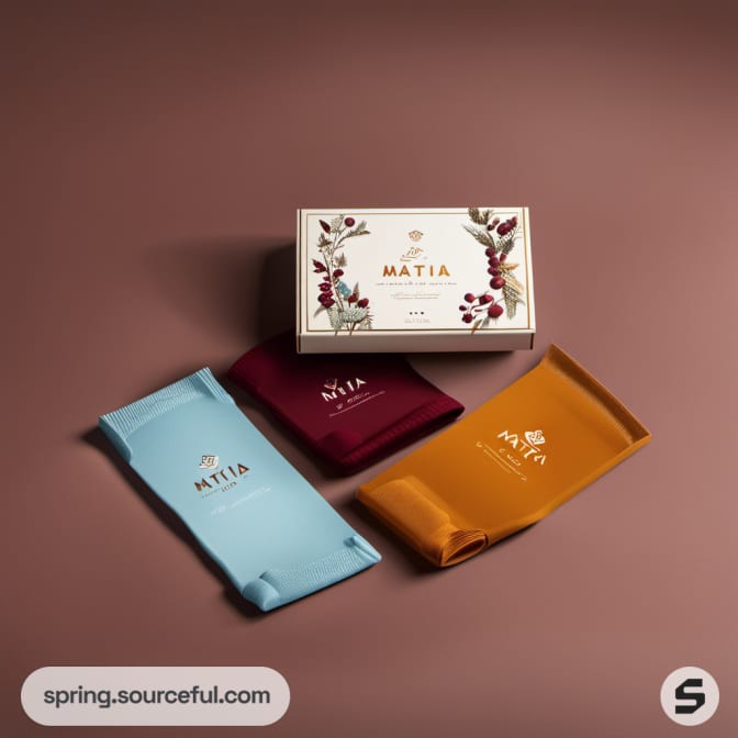 Floral decorated box with three colorful pouch packages.