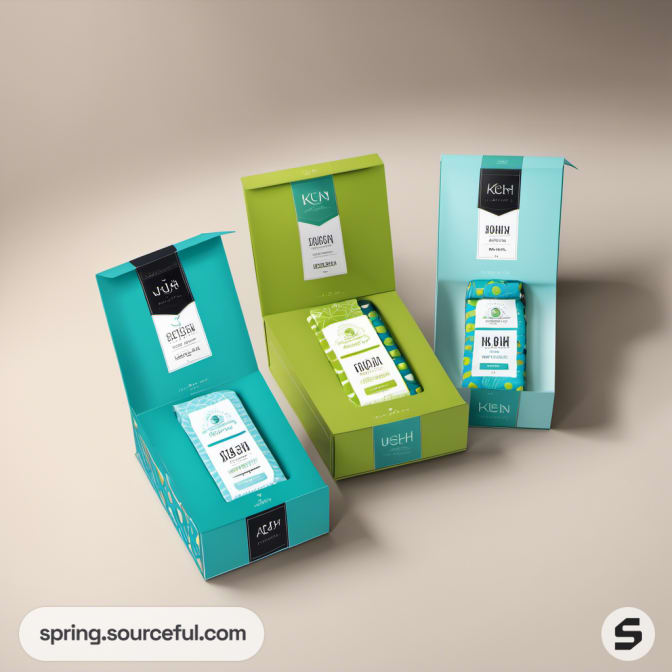Colorful mailer boxes with product inside, standing open.