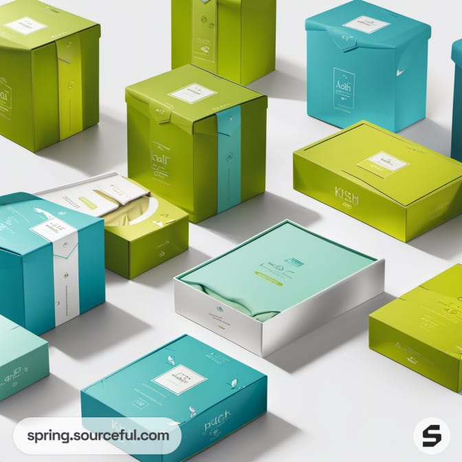 Assorted green and blue boxes arranged on white surface.