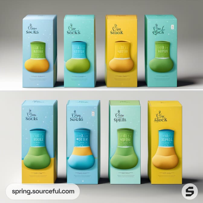 Socks packaging in colorful boxes with visible designs.