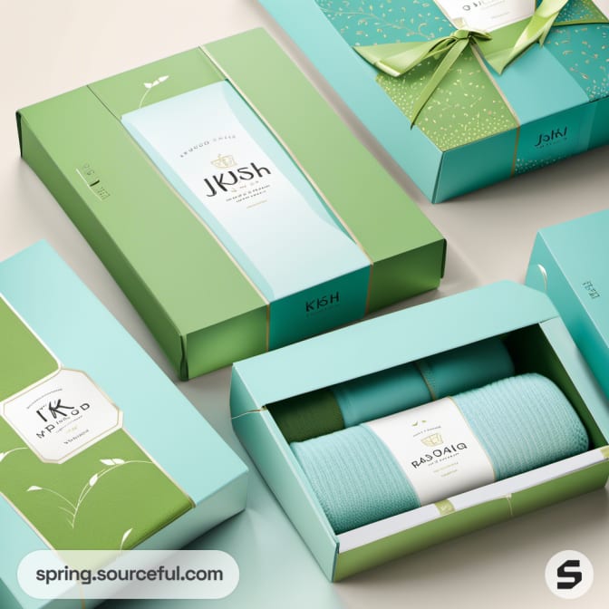Green gift boxes with various patterns and shapes.